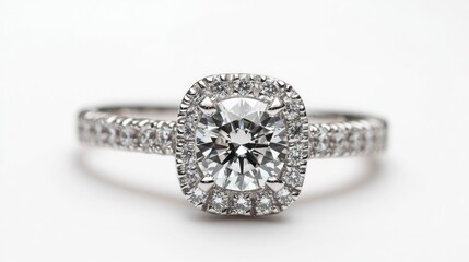 Diamond engagement ring, cushion-cut, halo setting, white background, jewelry advertising