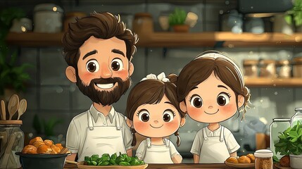 A cheerful chef and two children smiling in a cozy kitchen filled with fresh ingredients