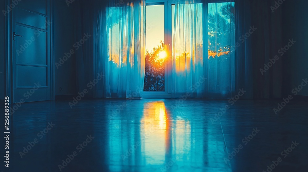 Poster Sunset view through sheer curtains in empty room