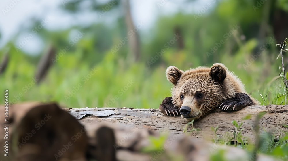 Poster young brown bear resting its chin on a log in a lush green forest setting : generative ai