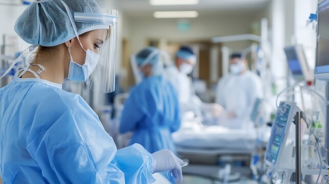 Dedicated Healthcare Workers Wearing Personal Protective Equipment in Busy Hospital Environment : Generative AI