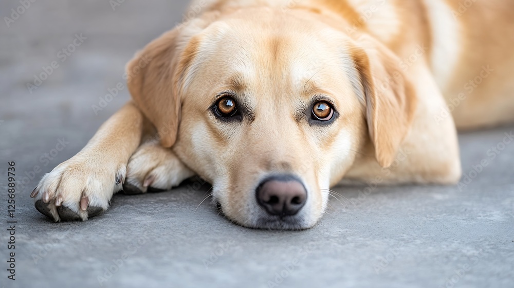 Poster closeup portrait of a friendly golden labrador laying comfortably on a soft surface : generative ai
