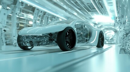 Fototapeta premium Futuristic Car Assembly Line: A Glimpse into Tomorrow's Automotive Technology