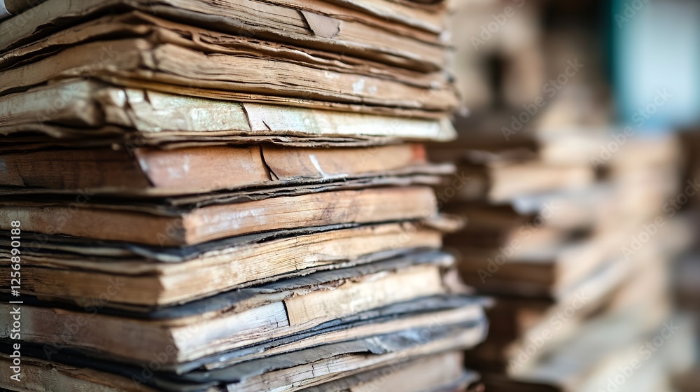 Poster stacked vintage books on a shelf showcasing worn covers and rich textures in an old library : genera