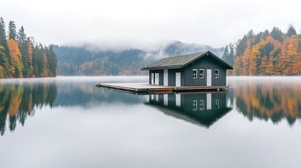 Fototapeta premium Misty lake house autumn reflection serenity