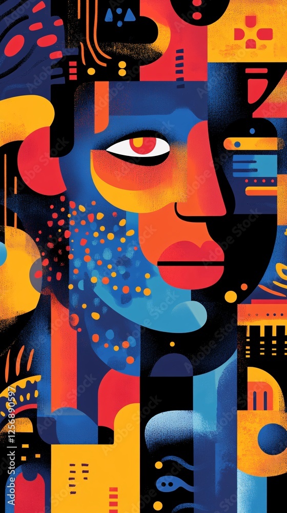 Poster modern art portrait with abstract shapes and bold colors