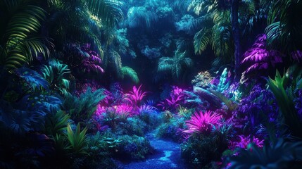 Obraz premium Luminous, vibrant tropical foliage path at night. Ideal for fantasy, sci-fi, or mystical themes, evoking wonder and adventure.