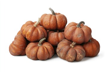A Bountiful Pile of Miniature, Rustic-Colored Pumpkins, Perfectly Displayed Against a Pristine White Background for Autumnal Decor