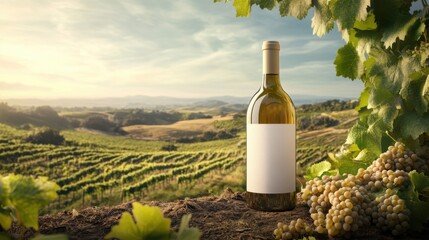 Fototapeta premium White wine bottle mockup set in a scenic vineyard landscape with rolling hills and lush grapevines