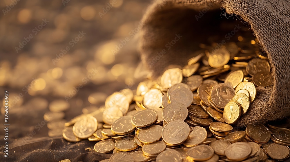 Poster a burlap sack spilling shiny gold coins onto a surface creating a treasurelike scene of wealth and p