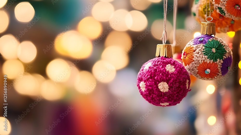 Poster colorful embroidered ornaments hanging with soft bokeh lights creating a festive and cheerful vibe :