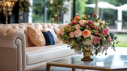 Elegant arrangement of colorful flowers in a luxurious vase on a stylish living room sofa for interior design inspiration : Generative AI