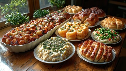 A beautifully arranged spread of various baked dishes on a wooden table near a sunny window