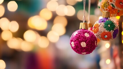 Colorful embroidered ornaments hanging with soft bokeh lights creating a festive and cheerful vibe : Generative AI