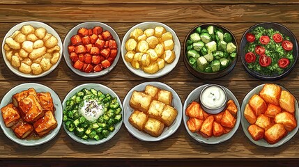 A colorful array of fresh vegetables and savory dishes arranged on a wooden table
