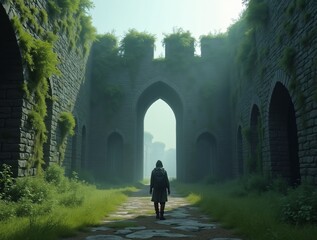 A ruined fortress wall, overgrown with moss and ivy