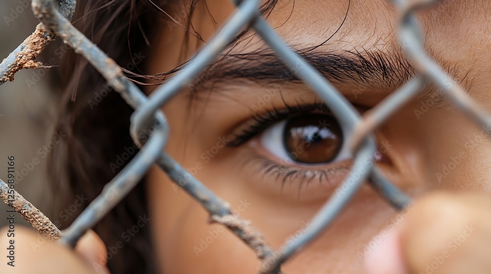 Poster a young boy with captivating brown eyes looking through a fence reflecting a sense of curiosity and 