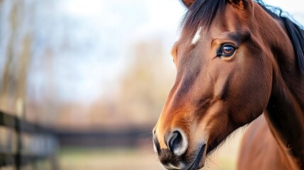 A closeup of a beautiful brown horse with a soft focus background in an outdoor setting : Generative AI