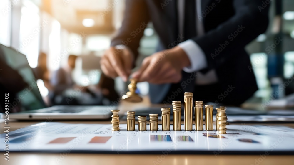 Poster businessman analyzing financial data with gold coins and charts in modern office environment : gener
