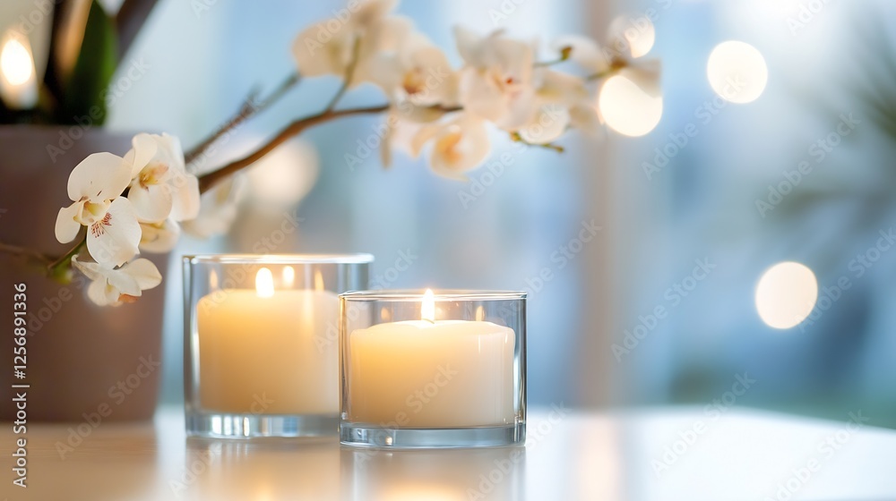 Poster Spa Candles and Elegant White Orchids Creating a Relaxing Atmosphere in Cozy Setting : Generative AI