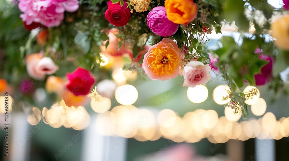 Aufkleber a colorful floral ceiling arrangement with bright roses and twinkling lights creating a festive mood