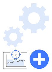 Gears representing processes, chart with data points targeted for analysis, and a plus sign symbolizing improvement. Ideal for business strategy, data science, teamwork, progress, workflow