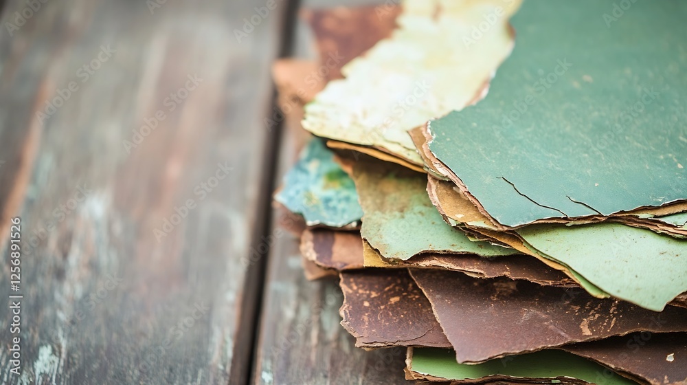 Poster A visually appealing stack of aged leather scraps in various colors and textures creating a vintage feel : Generative AI