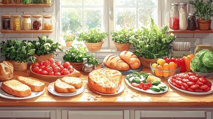 Freshly prepared vegetables, bread, and cheese displayed on a kitchen counter with sunlight