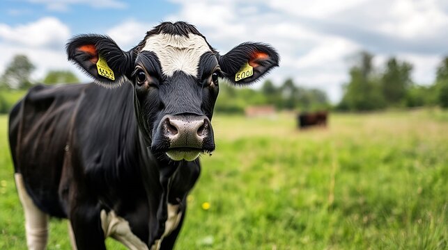 Close up of a curious black and white dairy cow standing in a green pasture under a blue sky : Generative AI