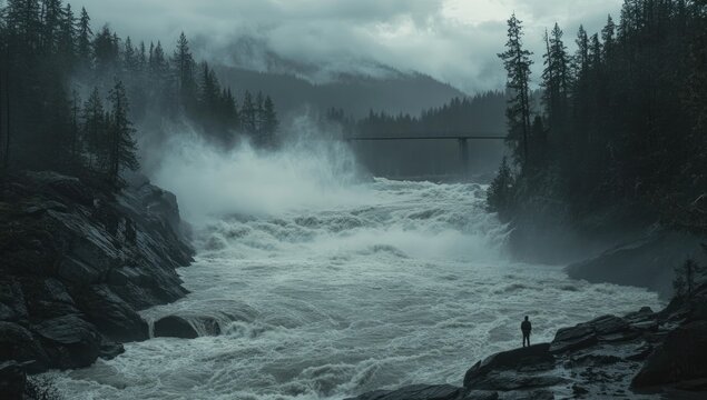 A Misty, Mountainous River Gorge A Solitary Figure Contemplates the Power of Nature in a Dramatic, Gloomy Landscape.