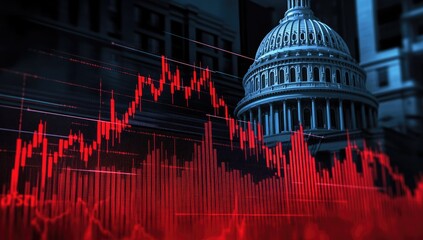 Political Uncertainty and Economic Downturn A Graphic Depiction of the US Capitol Building Overlaid with Declining Stock Market Trends