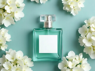 Elegant Perfume Bottle with White Flowers on Soft Turquoise Background