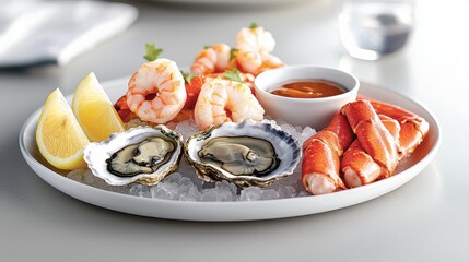 Gourmet Food Concept, A seafood platter featuring shrimp, oysters, and crab with lemon wedges and dipping sauce on a white plate.
