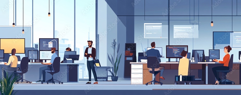 Poster Programmers using computers writing code working process concept
