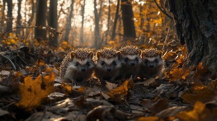 Four hedgehogs exploring a forest floor covered in orange leaves during autumn
