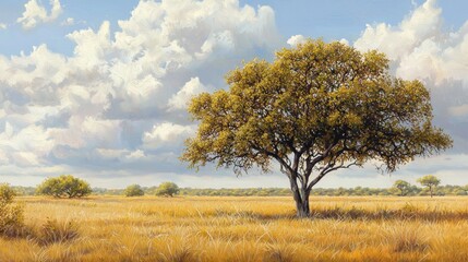 Fototapeta premium Majestic Lone Tree in Serene Golden Field Under Soft Cloudy Sky in Vibrant Landscape