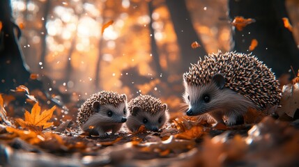 Three hedgehogs exploring a vibrant autumn forest, surrounded by colorful leaves and soft sunlight