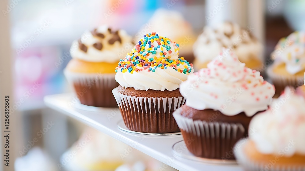 Poster delicious cupcakes adorned with frosting and colorful sprinkles displayed on a treat stand : generat