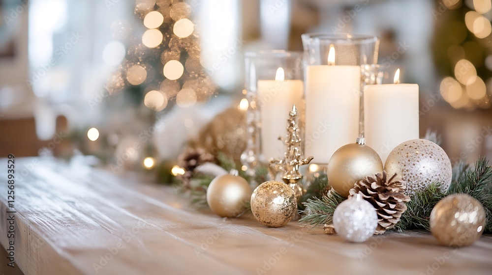 Poster elegant holiday table setting with candles and ornaments surrounded by festive decorations and soft 