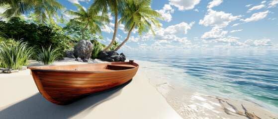 Obraz premium A serene beach scene featuring a wooden boat, surrounded by palm trees, clear water, and a bright sky with scattered clouds.