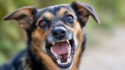 Angry dog showing teeth with a fierce expression in an outdoor setting blurred in the background : Generative AI