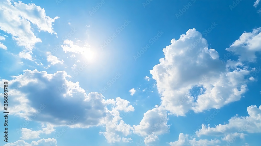 Poster bright blue sky filled with fluffy clouds and sunlight creating a serene atmosphere perfect for rela