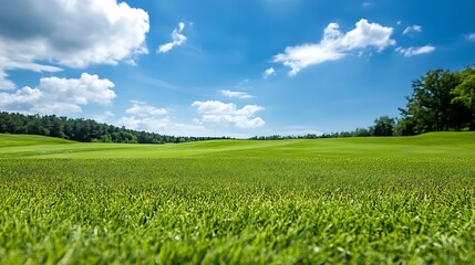 Vast green grass field under a clear blue sky surrounded by lush trees and bright clouds : Generative AI