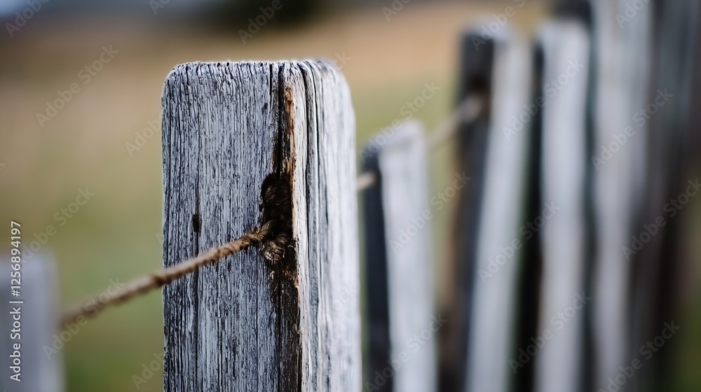 Poster close up view of rustic wooden fence posts with natural texture and blurred background of pasture : 