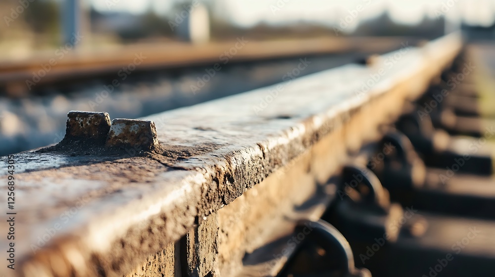 Aufkleber close up of a rusty metallic railway track with detailed textures and soft natural light : generativ