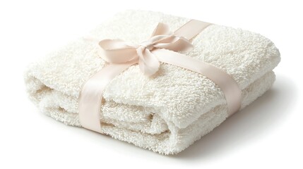 A white towel is wrapped in a ribbon and placed on a white background