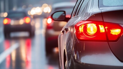 Traffic flow in city streets captured in rain with blurred headlights and taillights creating a moody atmosphere : Generative AI