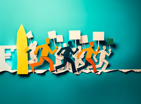 Paper cut-out figures in vibrant colors run forward holding signs. A yellow arrow points direction on a blue background. Paper art style. - Powered by Adobe
