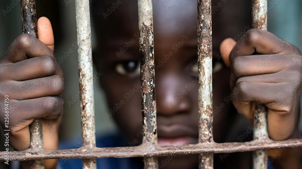 Poster Child peering through rusty metal bars with a contemplative and serious expression captured in closeup : Generative AI