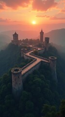 Naklejka premium Ancient fortress walls with towers, surrounded by dense forest